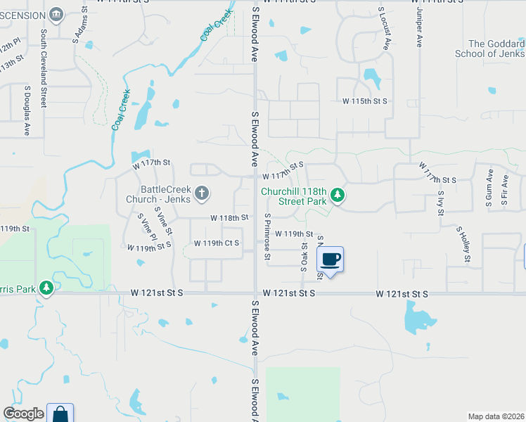 map of restaurants, bars, coffee shops, grocery stores, and more near 1902 West 117th Court South in Jenks