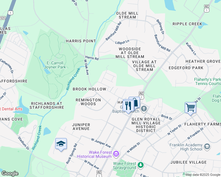 map of restaurants, bars, coffee shops, grocery stores, and more near 341 Joyner Bluff Drive in Wake Forest