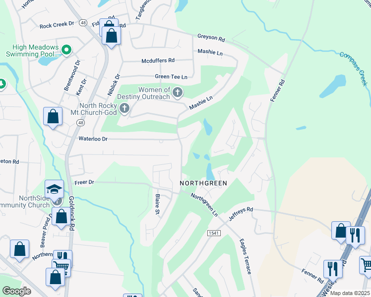 map of restaurants, bars, coffee shops, grocery stores, and more near 937 Mashie Lane in Rocky Mount