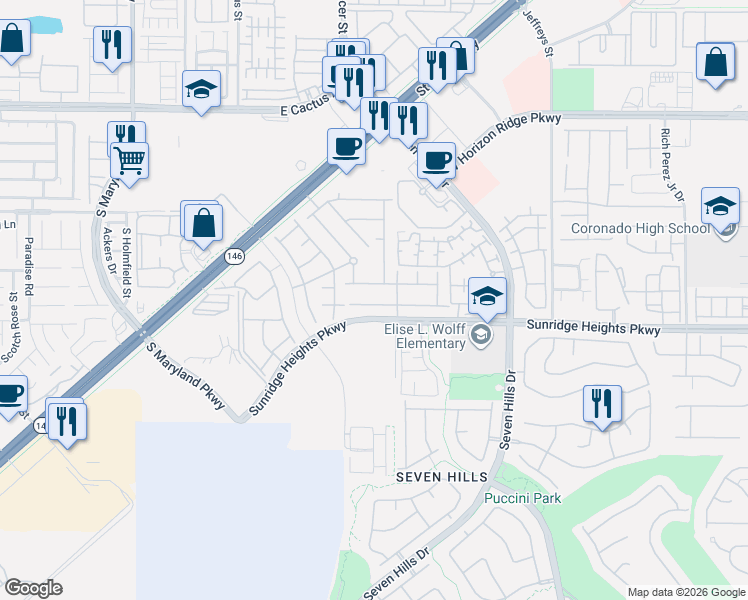 map of restaurants, bars, coffee shops, grocery stores, and more near 3164 Mossfield Avenue in Henderson