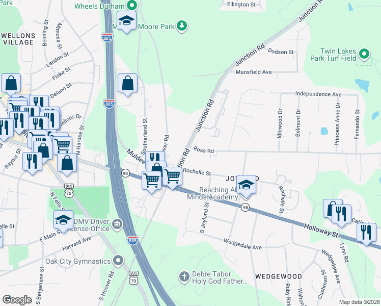 map of restaurants, bars, coffee shops, grocery stores, and more near 2504 Ross Road in Durham