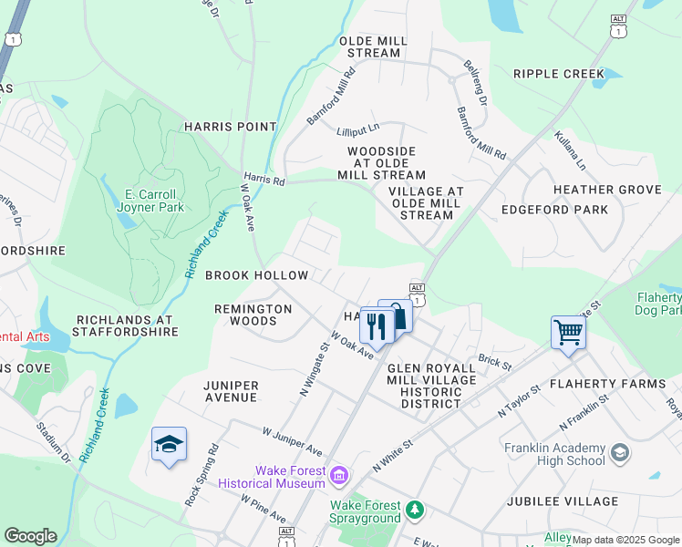 map of restaurants, bars, coffee shops, grocery stores, and more near 318 West Chestnut Avenue in Wake Forest
