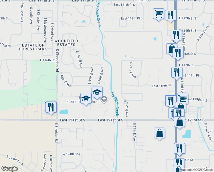 map of restaurants, bars, coffee shops, grocery stores, and more near 7027 E 118th Street South in Bixby