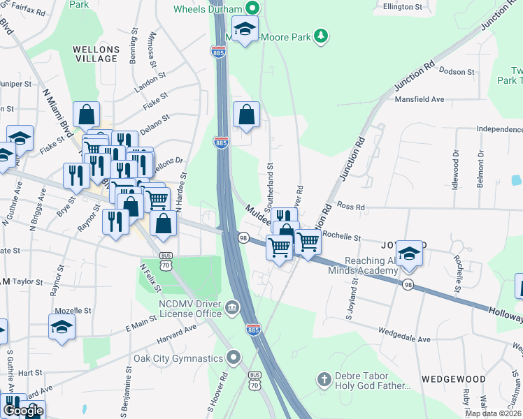 map of restaurants, bars, coffee shops, grocery stores, and more near 117 Southerland Street in Durham