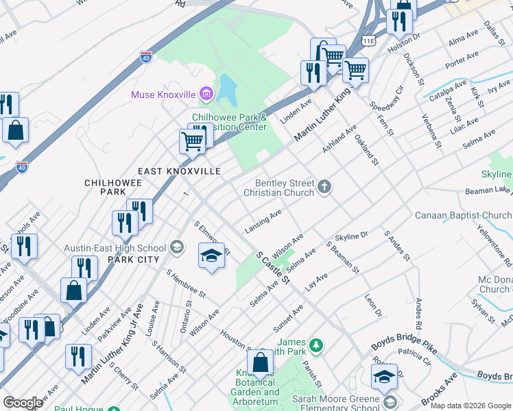 map of restaurants, bars, coffee shops, grocery stores, and more near 3200 Ashland Avenue in Knoxville
