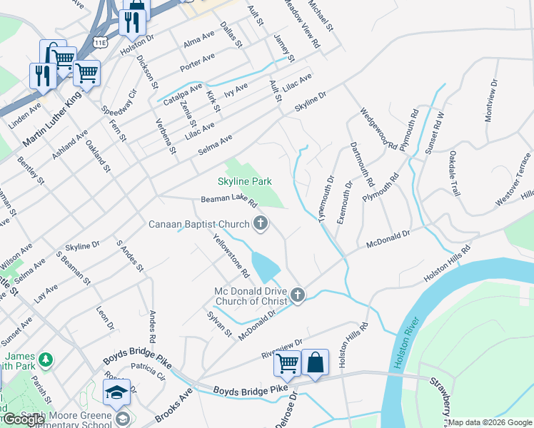 map of restaurants, bars, coffee shops, grocery stores, and more near 1104 Beaman Lake Road in Knoxville