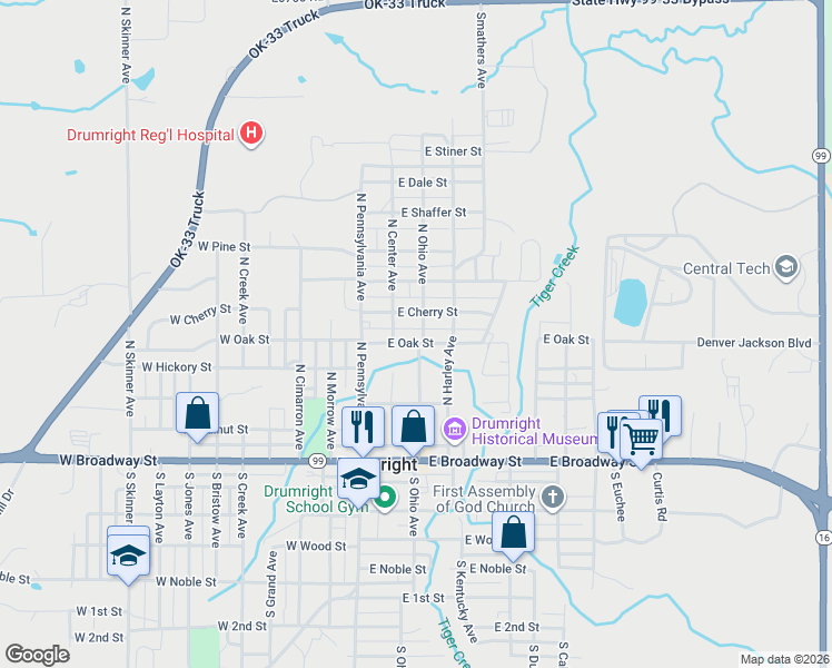 map of restaurants, bars, coffee shops, grocery stores, and more near 142 East Oak Street in Drumright