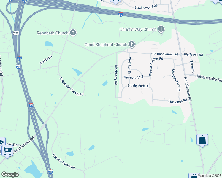 map of restaurants, bars, coffee shops, grocery stores, and more near 4342 Blackberry Road in Greensboro