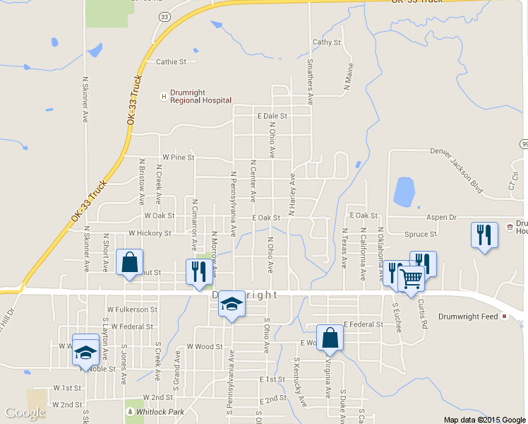 map of restaurants, bars, coffee shops, grocery stores, and more near 142 E Oak St in Drumright