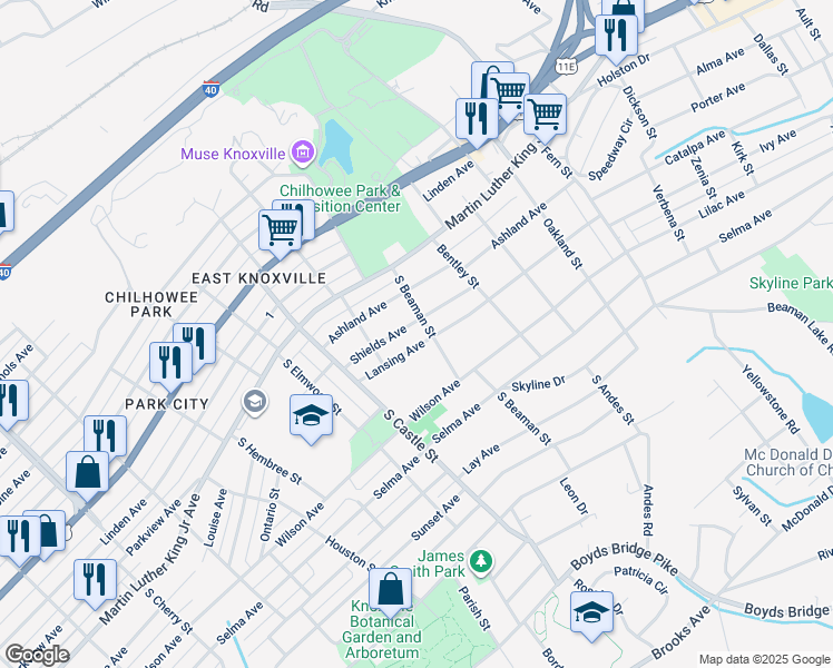 map of restaurants, bars, coffee shops, grocery stores, and more near 3238 Shields Avenue Southeast in Knoxville