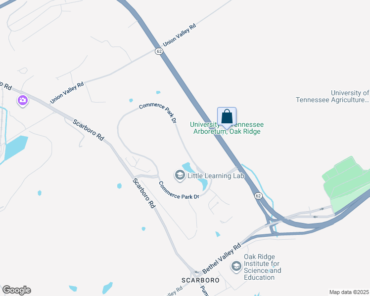 map of restaurants, bars, coffee shops, grocery stores, and more near Commerce Park Drive in Oak Ridge