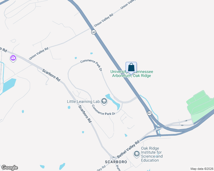 map of restaurants, bars, coffee shops, grocery stores, and more near Commerce Park Drive in Oak Ridge