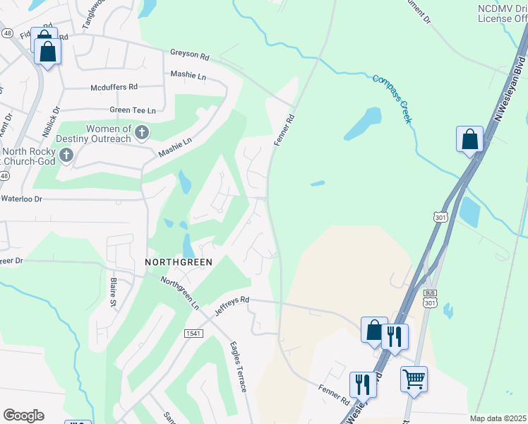 map of restaurants, bars, coffee shops, grocery stores, and more near 116 Butternut Court in Rocky Mount
