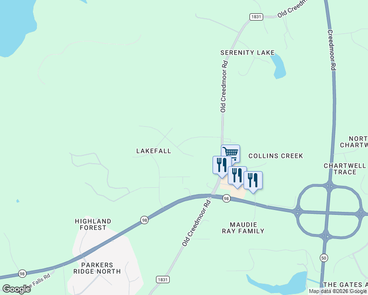 map of restaurants, bars, coffee shops, grocery stores, and more near 7404 Heartland Drive in Wake Forest
