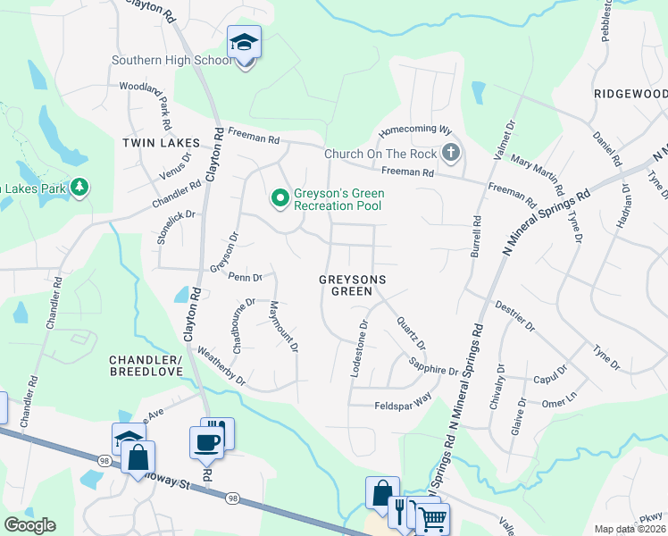 map of restaurants, bars, coffee shops, grocery stores, and more near 736 Obsidian Way in Durham