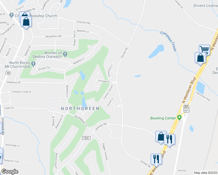map of restaurants, bars, coffee shops, grocery stores, and more near 1245 Fairway Terrace in Rocky Mount