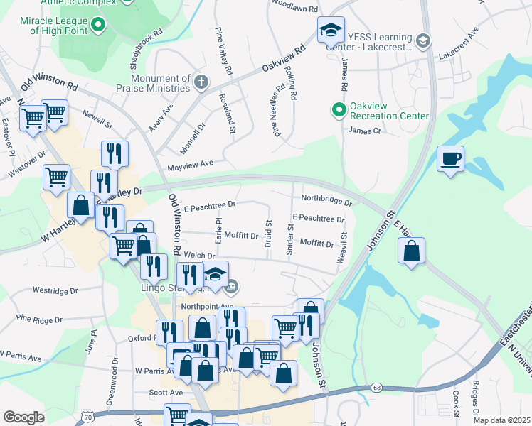 map of restaurants, bars, coffee shops, grocery stores, and more near 316 Druid Street in High Point