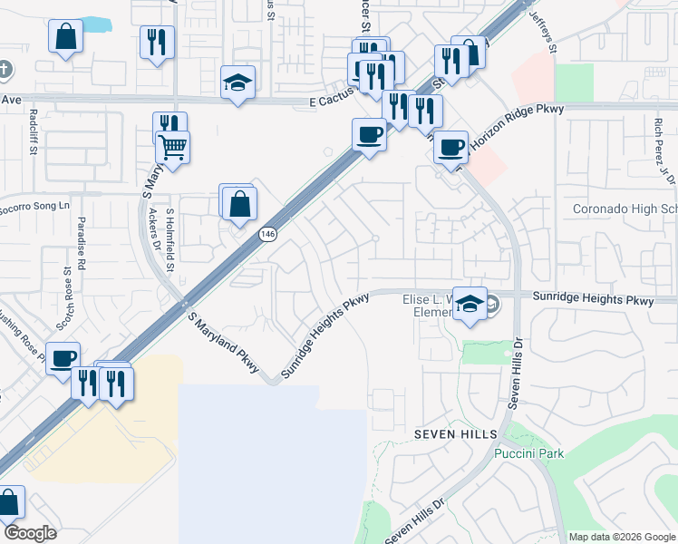 map of restaurants, bars, coffee shops, grocery stores, and more near 985 Bluebell Brook Street in Henderson