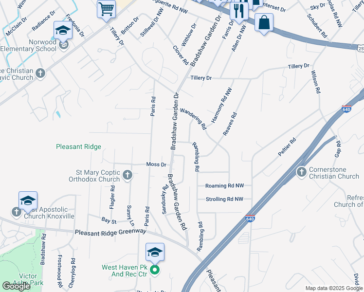 map of restaurants, bars, coffee shops, grocery stores, and more near 1505 Rambling Drive in Knoxville