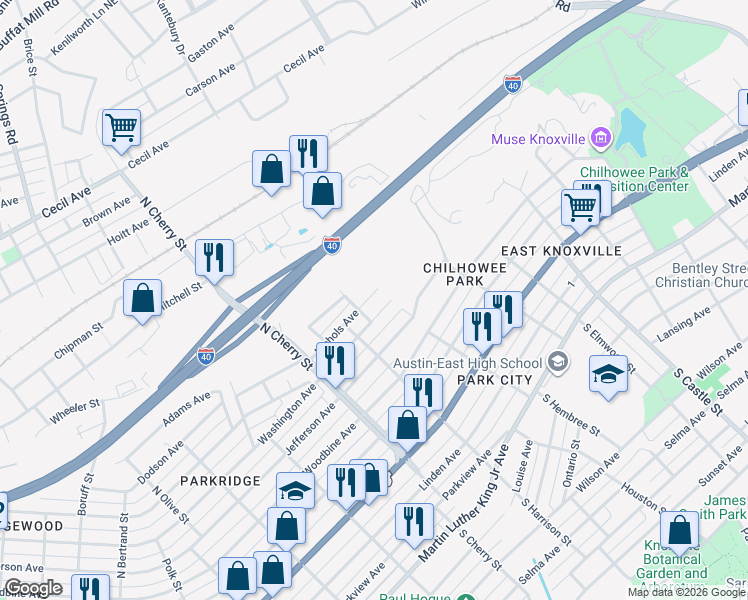map of restaurants, bars, coffee shops, grocery stores, and more near 2834 Nichols Avenue in Knoxville