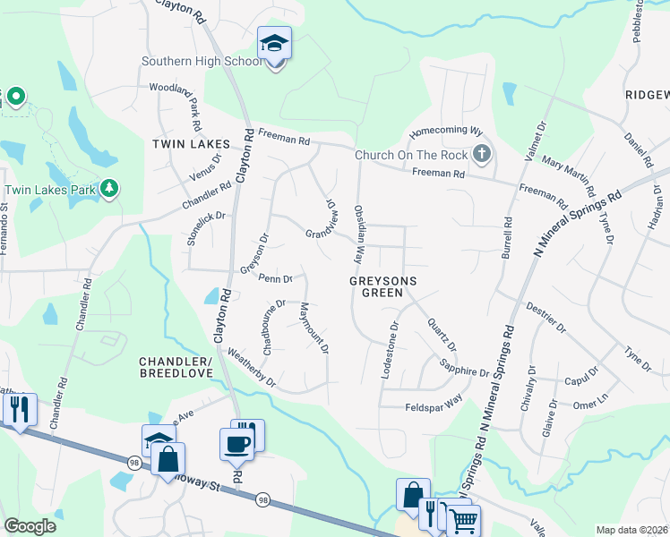 map of restaurants, bars, coffee shops, grocery stores, and more near 14 Bentwood Place in Durham