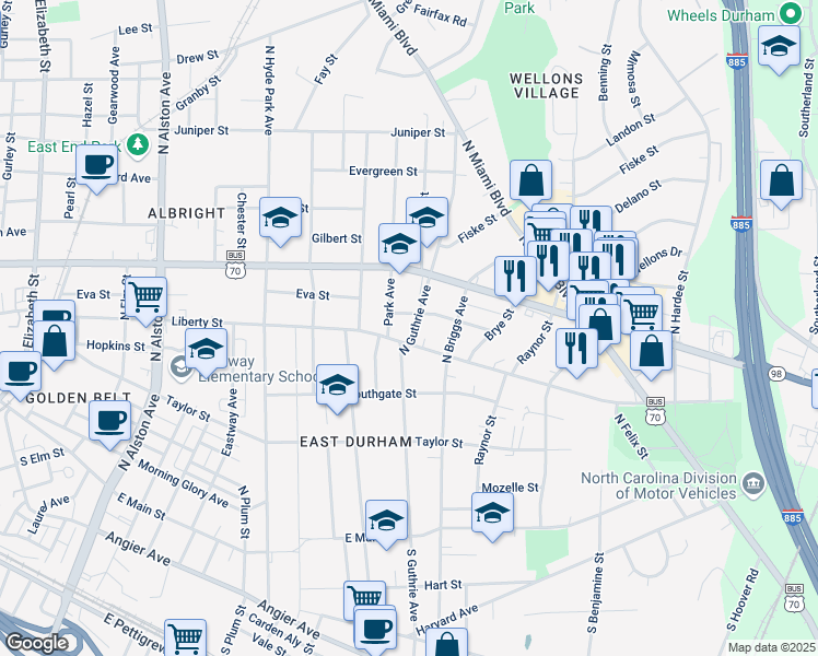 map of restaurants, bars, coffee shops, grocery stores, and more near 705 North Guthrie Avenue in Durham