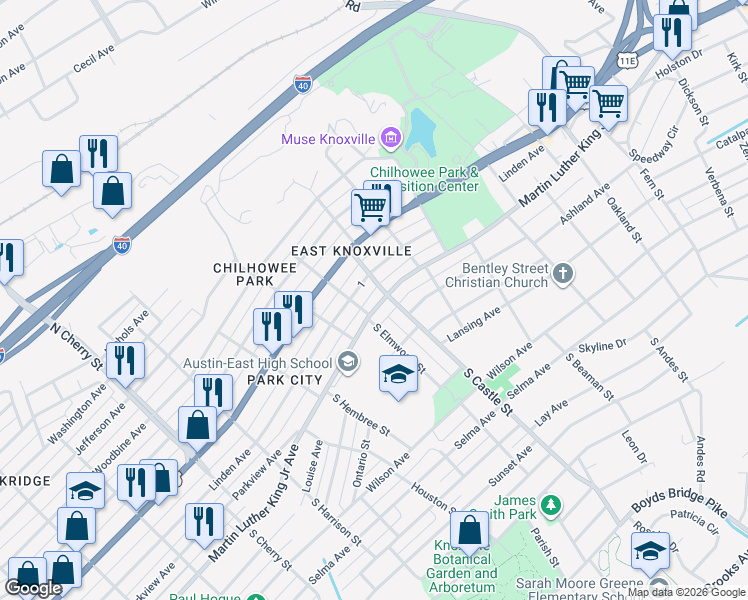 map of restaurants, bars, coffee shops, grocery stores, and more near 3013 Martin Luther King Junior Avenue in Knoxville