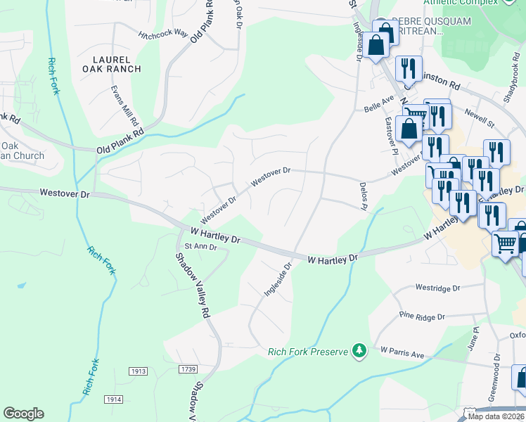 map of restaurants, bars, coffee shops, grocery stores, and more near 2705 Camillia Cove in High Point