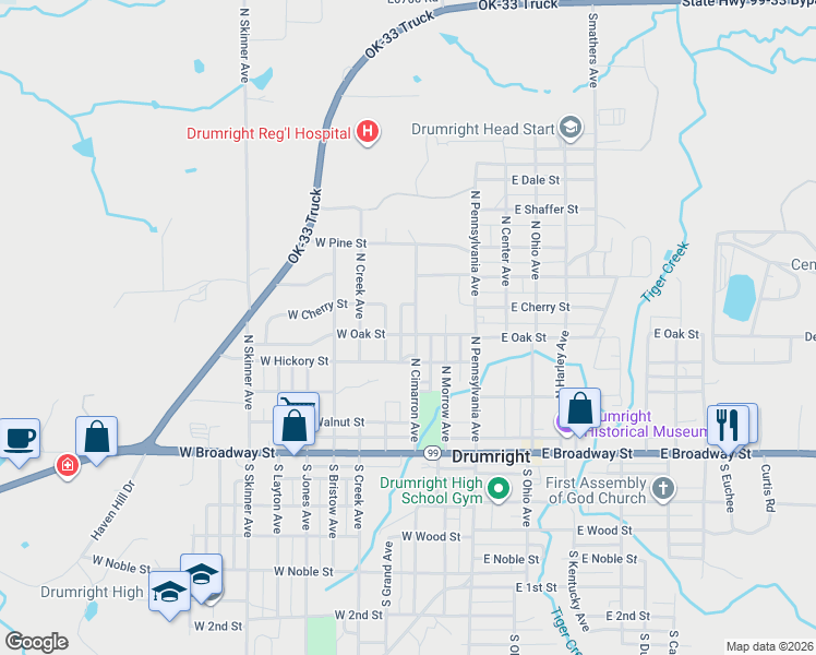 map of restaurants, bars, coffee shops, grocery stores, and more near 505 North Cimarron Avenue in Drumright