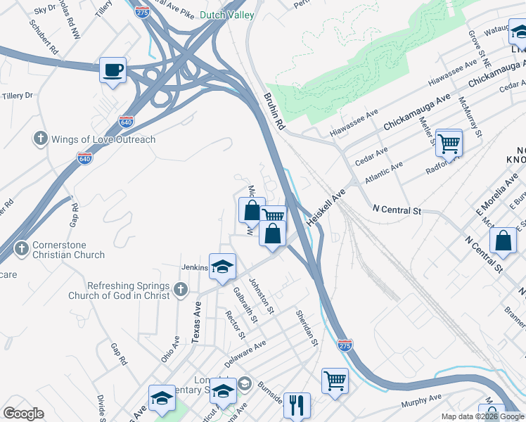 map of restaurants, bars, coffee shops, grocery stores, and more near 3335 Rudy Street in Knoxville