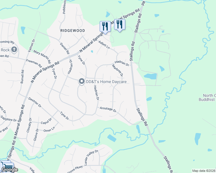 map of restaurants, bars, coffee shops, grocery stores, and more near 4 Perigrine Way in Durham
