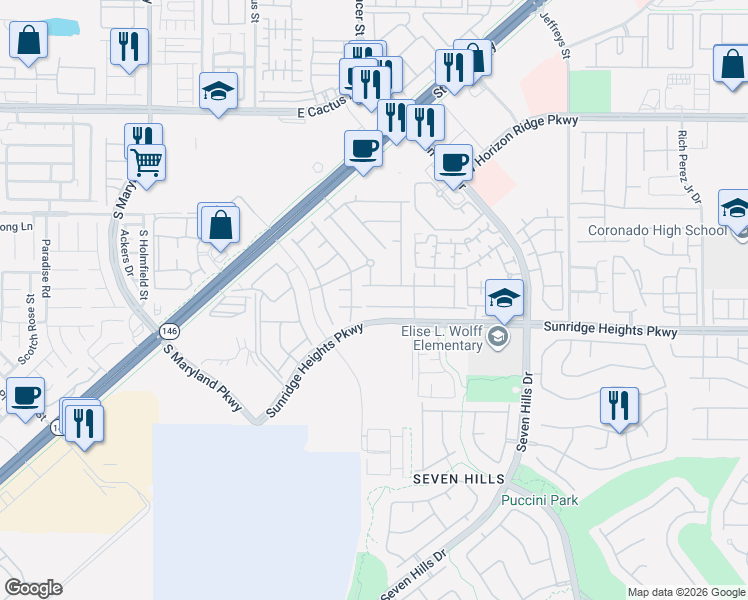 map of restaurants, bars, coffee shops, grocery stores, and more near 988 Lotus Falls Street in Henderson