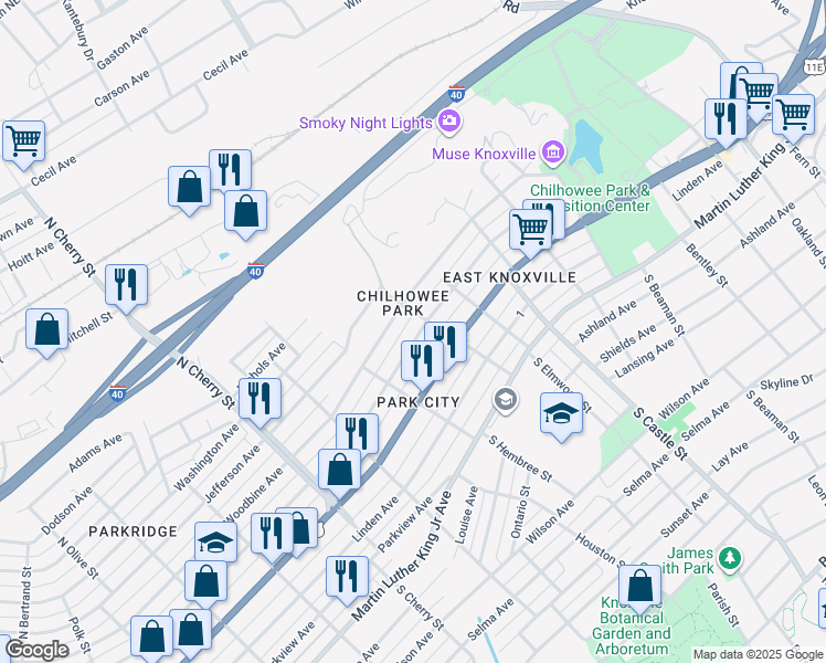 map of restaurants, bars, coffee shops, grocery stores, and more near 2830 East 5th Avenue in Knoxville