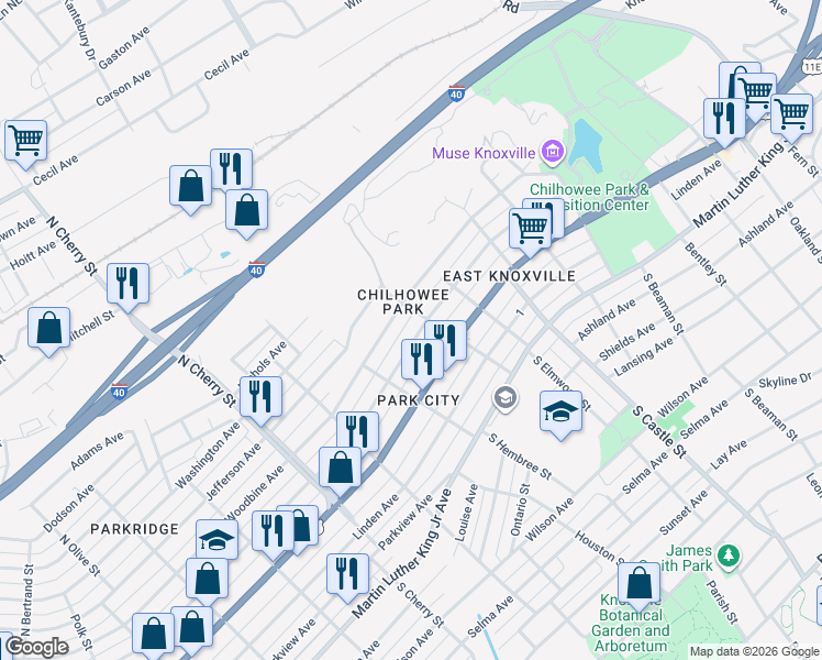 map of restaurants, bars, coffee shops, grocery stores, and more near 2830 East 5th Avenue in Knoxville