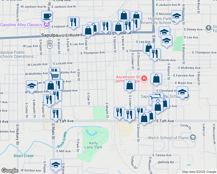 map of restaurants, bars, coffee shops, grocery stores, and more near 523 South Maple Street in Sapulpa
