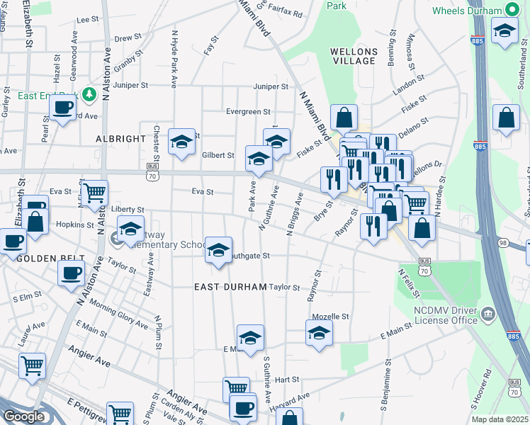 map of restaurants, bars, coffee shops, grocery stores, and more near 705 North Guthrie Avenue in Durham