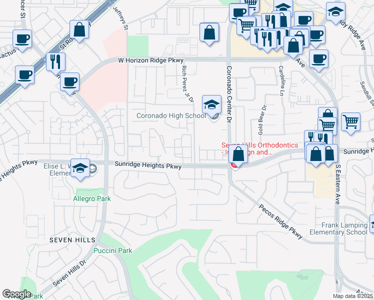 map of restaurants, bars, coffee shops, grocery stores, and more near 2900 Sunridge Heights Parkway in Henderson
