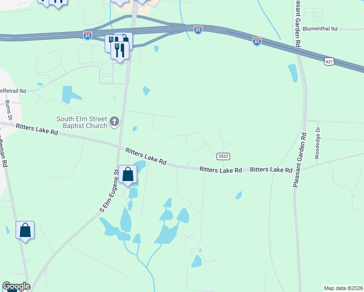 map of restaurants, bars, coffee shops, grocery stores, and more near 4604 Woodhaven Road in Greensboro