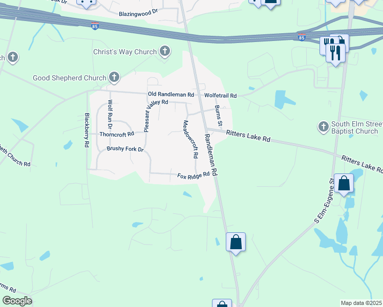 map of restaurants, bars, coffee shops, grocery stores, and more near 4700 Meadowcroft Road in Greensboro