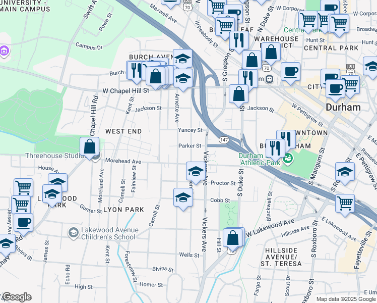 map of restaurants, bars, coffee shops, grocery stores, and more near 904 Shepherd Street in Durham