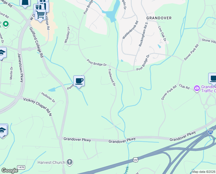 map of restaurants, bars, coffee shops, grocery stores, and more near 5003 Millburn Drive in Greensboro