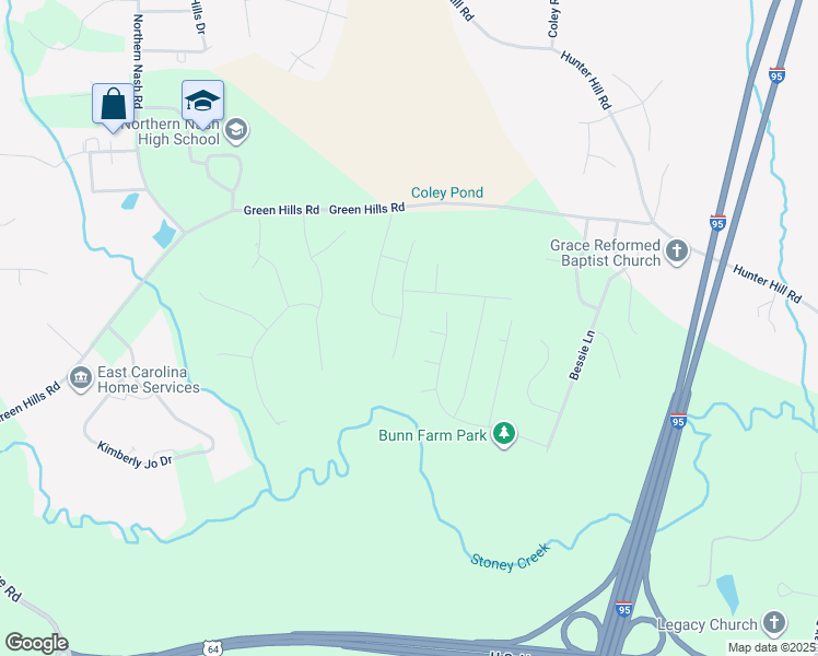 map of restaurants, bars, coffee shops, grocery stores, and more near 1215 Middlecrest Drive in Rocky Mount