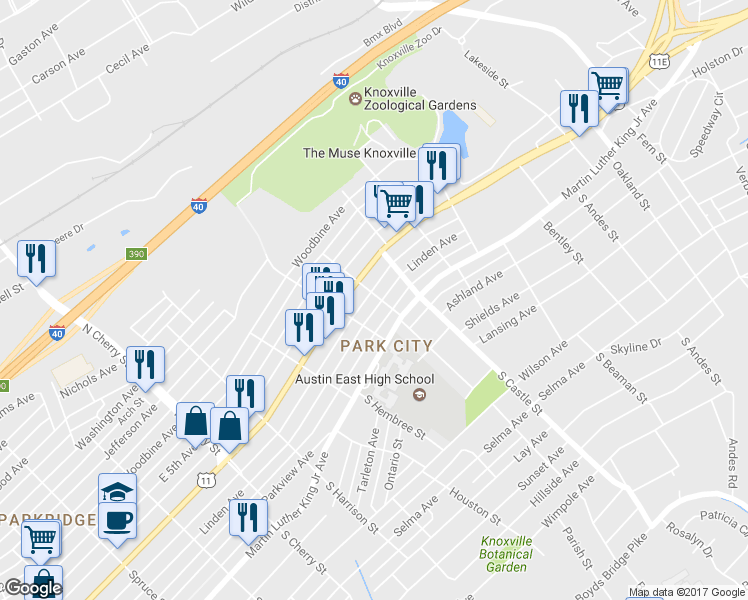 map of restaurants, bars, coffee shops, grocery stores, and more near 2927 Linden Avenue in Knoxville