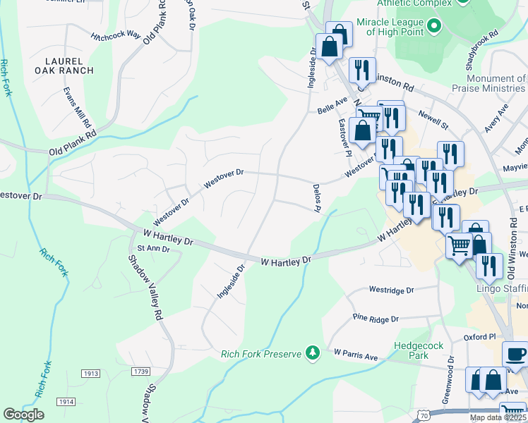 map of restaurants, bars, coffee shops, grocery stores, and more near 2711 Ingleside Drive in High Point