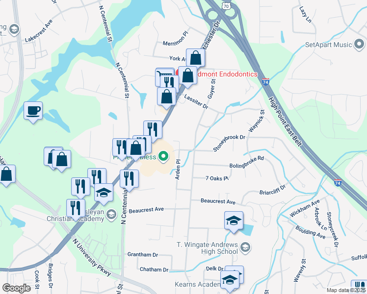 map of restaurants, bars, coffee shops, grocery stores, and more near 2100 Arden Place in High Point