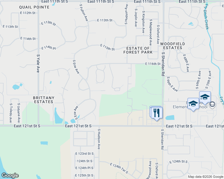 map of restaurants, bars, coffee shops, grocery stores, and more near 11652 S Hudson Ct in Tulsa