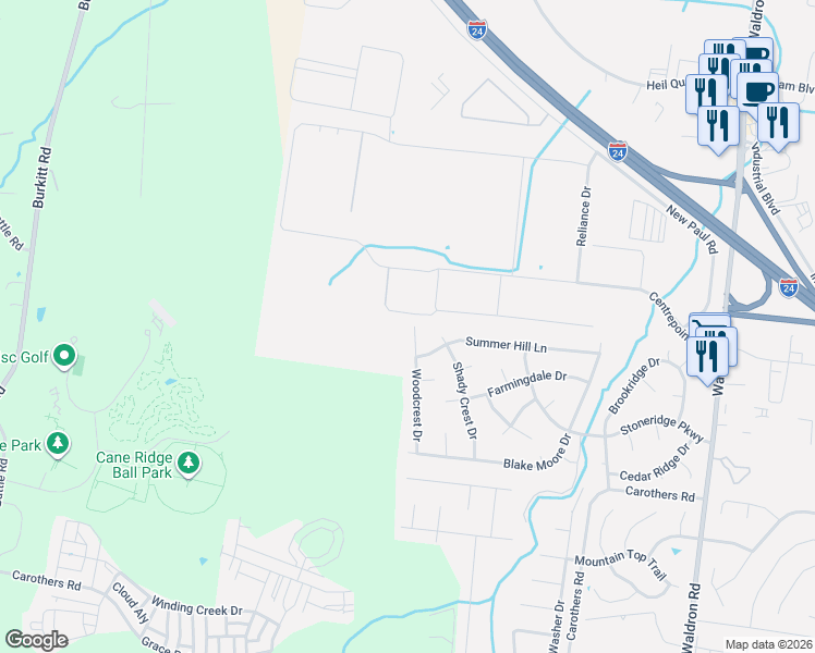 map of restaurants, bars, coffee shops, grocery stores, and more near 568 Woodcrest Drive in La Vergne