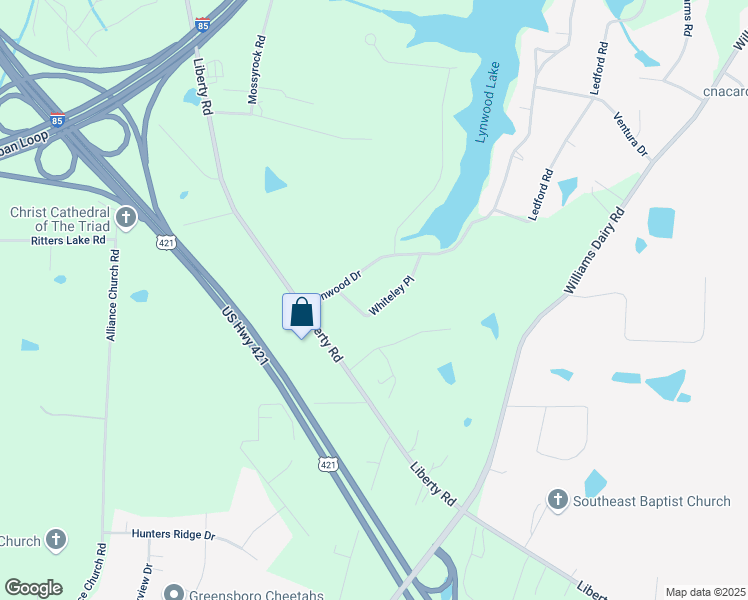 map of restaurants, bars, coffee shops, grocery stores, and more near 1803 Whiteley Place in Greensboro