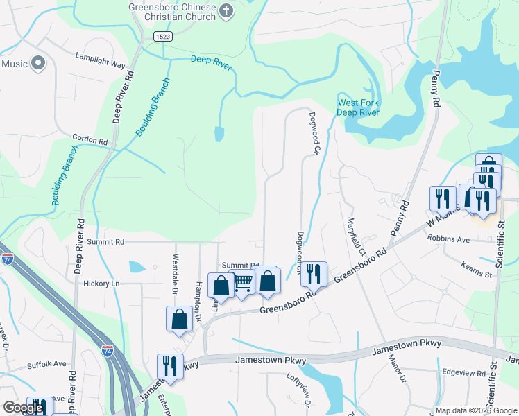 map of restaurants, bars, coffee shops, grocery stores, and more near 401 Dogwood Circle in High Point