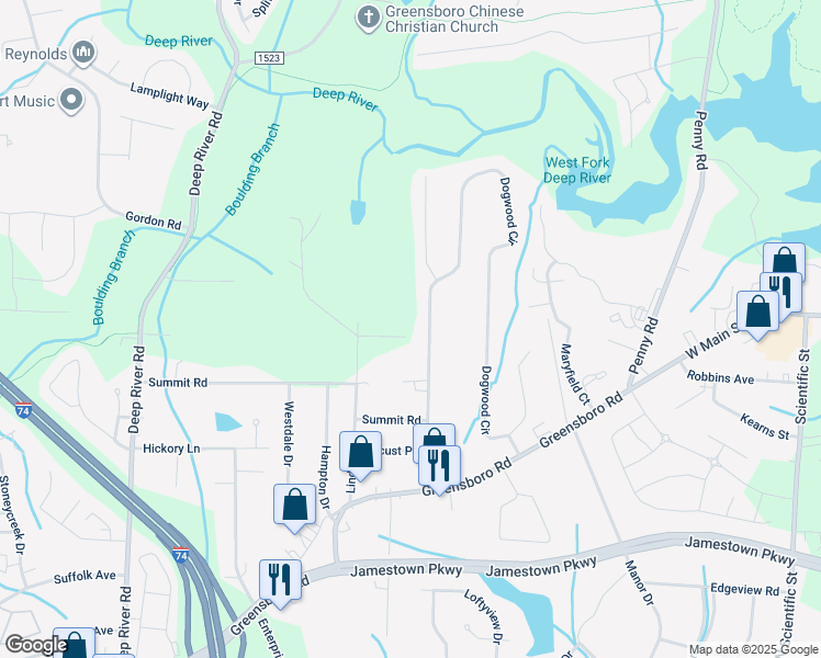 map of restaurants, bars, coffee shops, grocery stores, and more near 401 Dogwood Circle in High Point